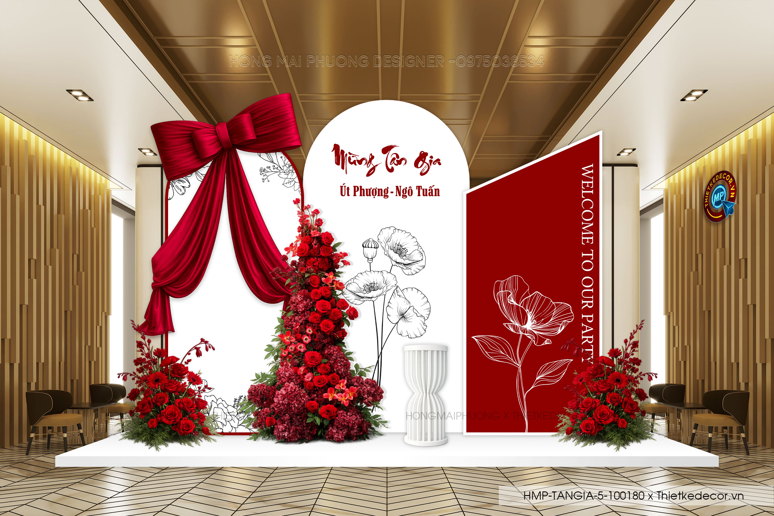 File thiết kế trang trí tiệc tân gia tone đỏ- trắng phối nơ - hoa